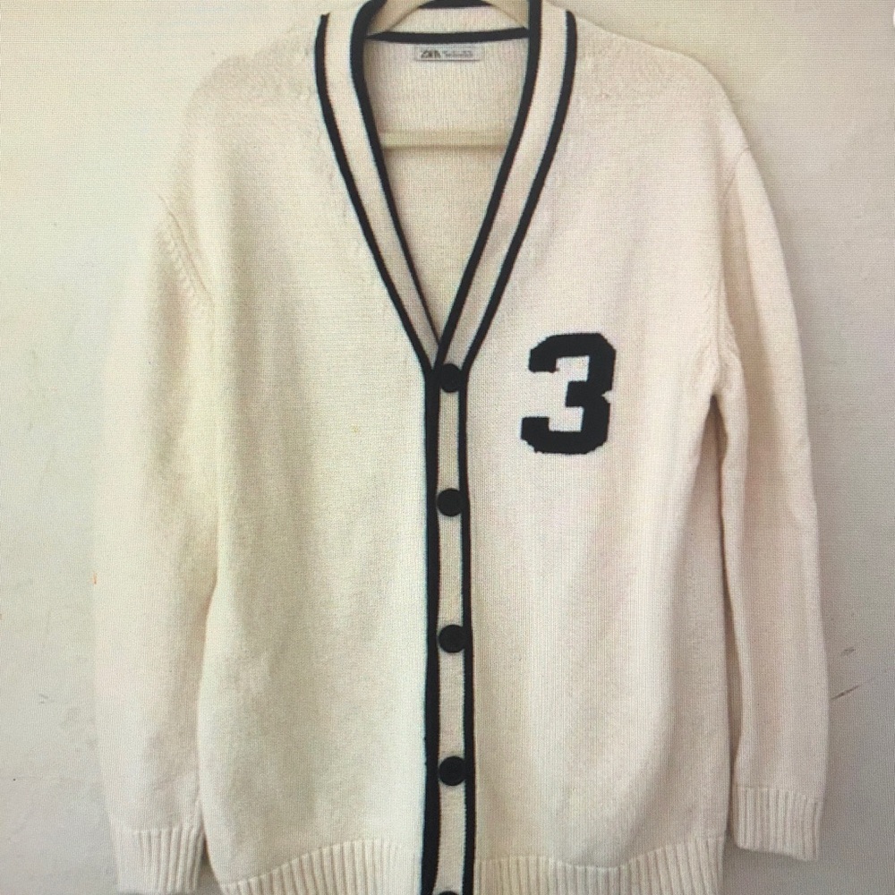 Zara Men's Cream Cardigan with Black Accents